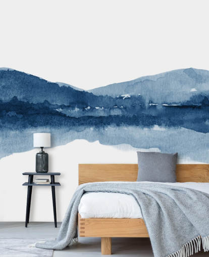 carta da parati astratta blu e bianca di montagna e lago