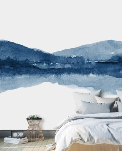 carta da parati astratta blu e bianca di montagna e lago