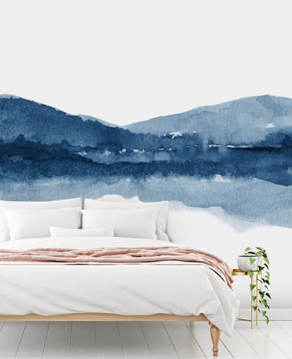 blue and white abstract mountain and lake wallpaper