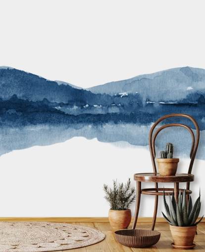 papel de parede abstrato azul e branco de montanha e lago