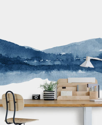 carta da parati astratta blu e bianca di montagna e lago