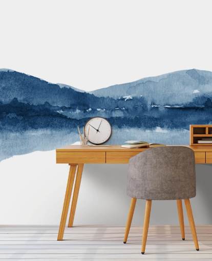 blauw en wit abstract berg- en meerbehang