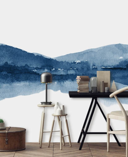 blue and white abstract mountain and lake wallpaper