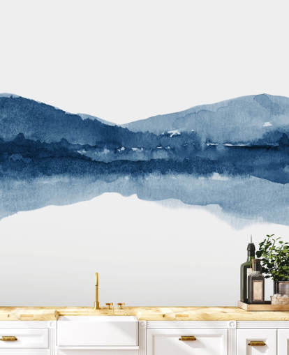 blue and white abstract mountain and lake wallpaper