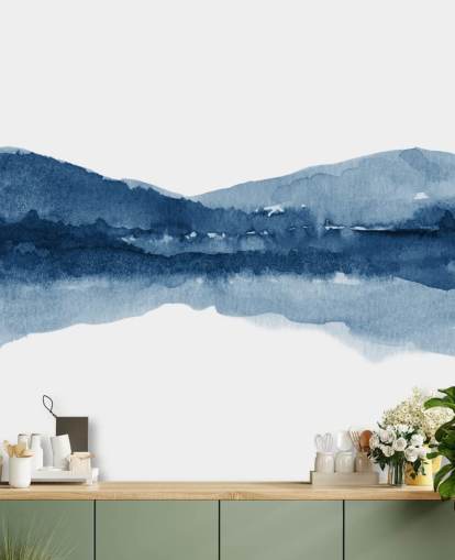 papel de parede abstrato azul e branco de montanha e lago