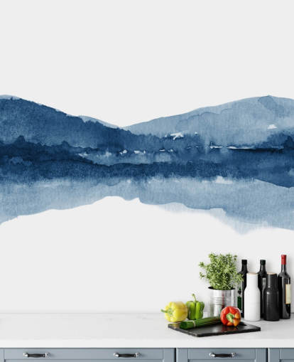 blue and white abstract mountain and lake wallpaper