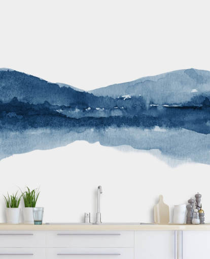 blue and white abstract mountain and lake wallpaper