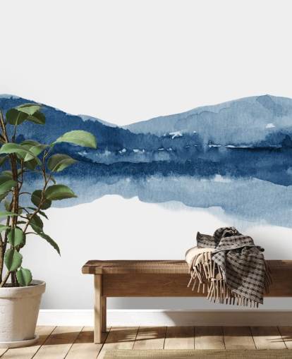 papel de parede abstrato azul e branco de montanha e lago