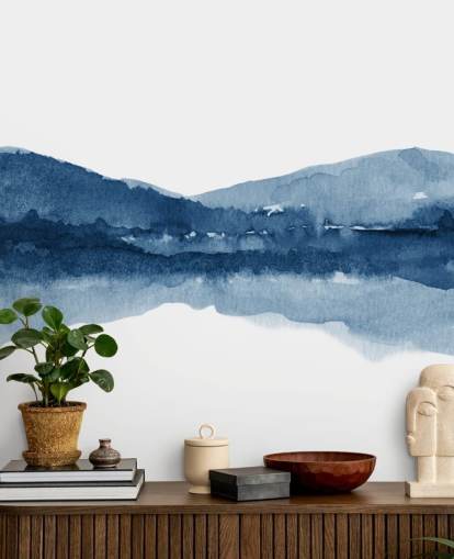 carta da parati astratta blu e bianca di montagna e lago