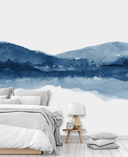 papel de parede abstrato azul e branco de montanha e lago