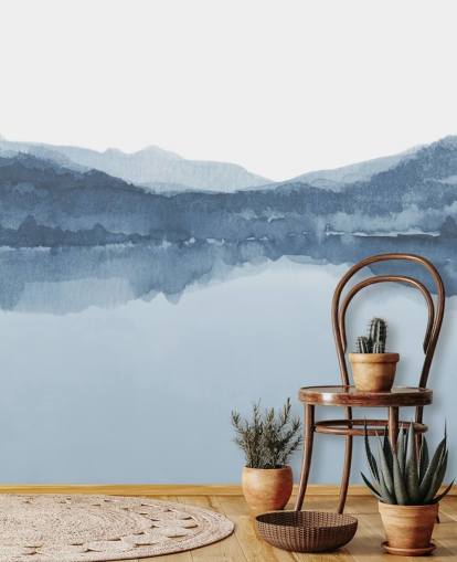 blauw meer en bergen behang