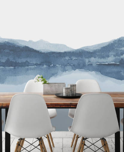 blauw meer en bergen behang