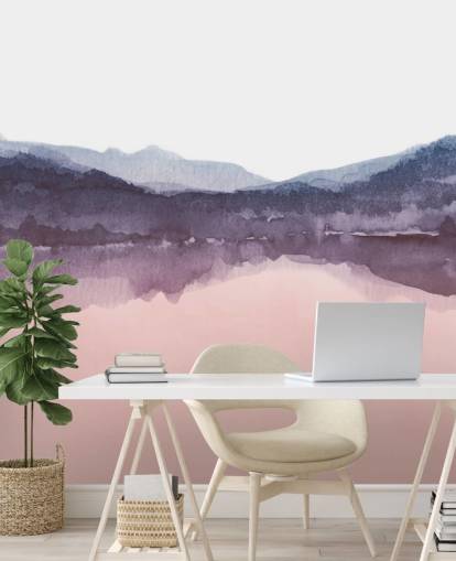papier peint montagne aquarelle rose et violet
