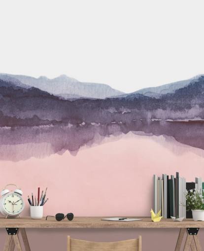 akvarel pink og lilla bjerg tapet