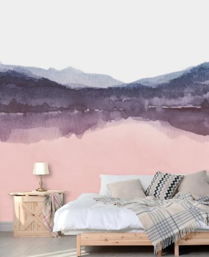 akvarel pink og lilla bjerg tapet