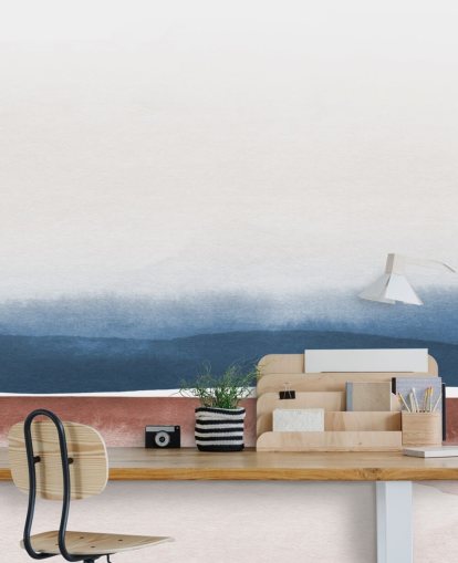 marineblauw, wit en terracotta aquarelbehang