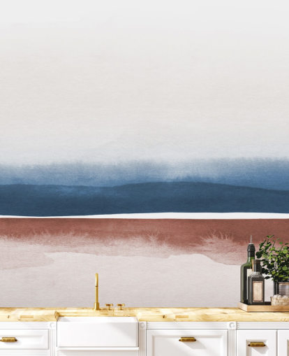 Aquarelltapete in Marineblau, Weiß und Terrakotta