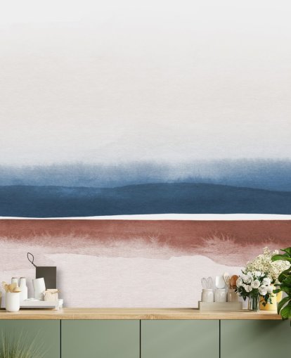 marinblå, vit och terrakotta akvarell tapet