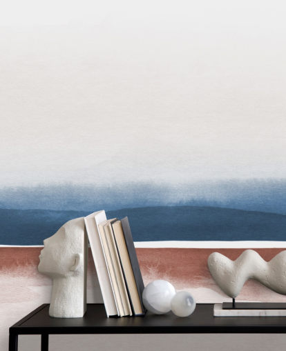 marineblå, hvid og terracotta akvarel tapet