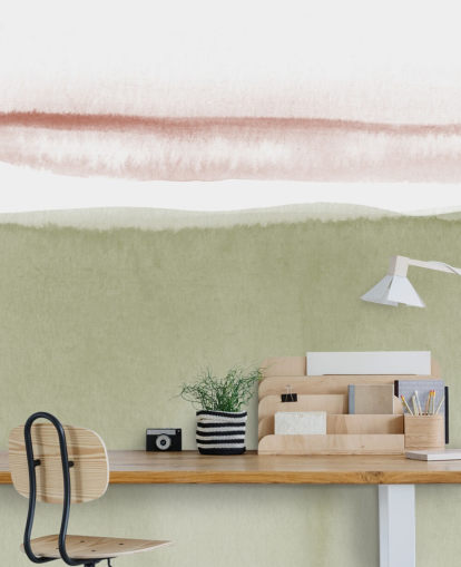 terracotta, wit en saliegroen abstract behang