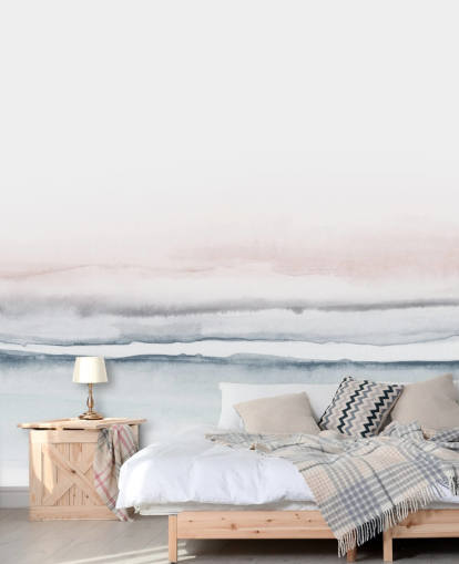 abstract behang in pastelroze en blauw