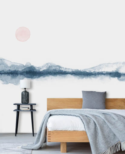 papel pintado paisaje mínimo azul marino, terracota y blanco