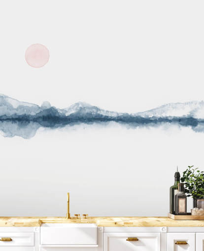 carta da parati minimal landscape navy, terracotta e bianco