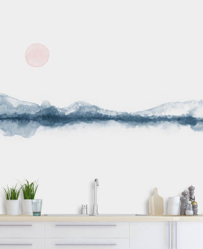 fond d'écran paysage bleu marine, terre cuite et blanc