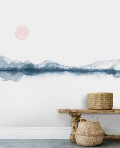 navy, terracotta og hvid minimal landskab tapet