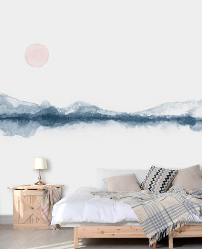 carta da parati minimal landscape navy, terracotta e bianco