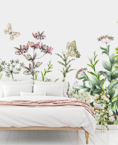 weidebloemen en vlinders behang