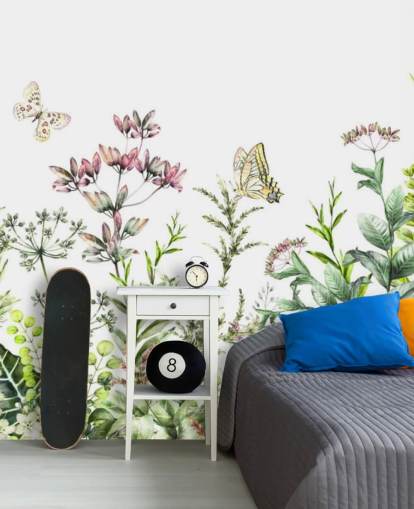 weidebloemen en vlinders behang