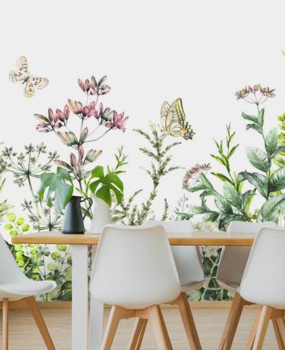 carta da parati con fiori di prato e farfalle