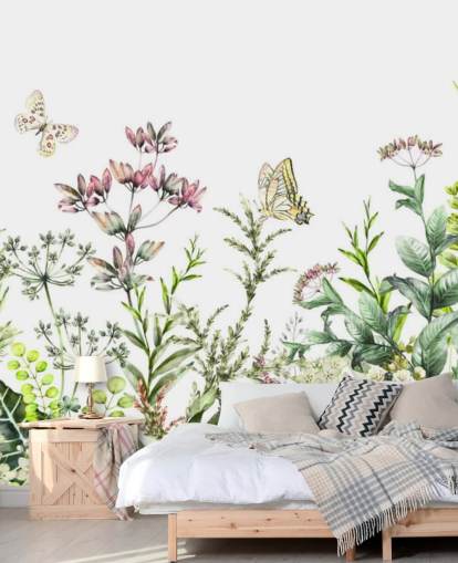 eng blomster og sommerfugler tapet