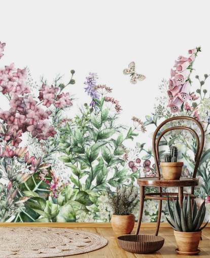 carta da parati con fiori di prato rosa e bianchi