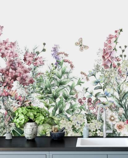 carta da parati con fiori di prato rosa e bianchi