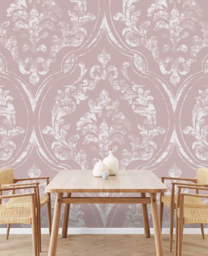 støvete rosa og hvit damask tapet