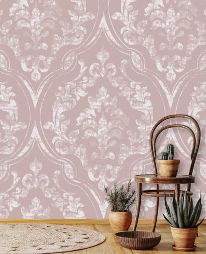 papel pintado damasco rosa polvoriento y blanco