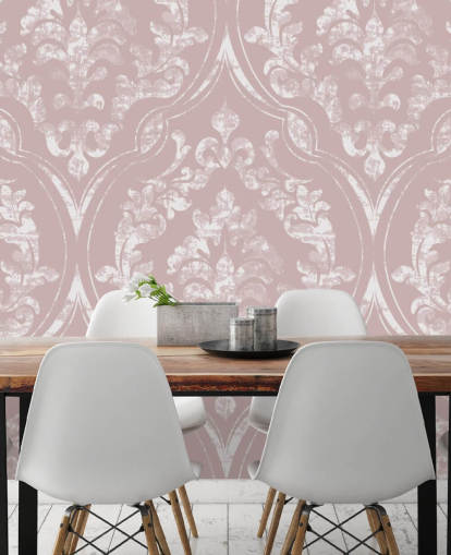 papier peint damassé vieux rose et blanc