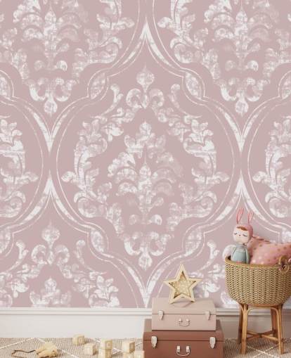 papel pintado damasco rosa polvoriento y blanco