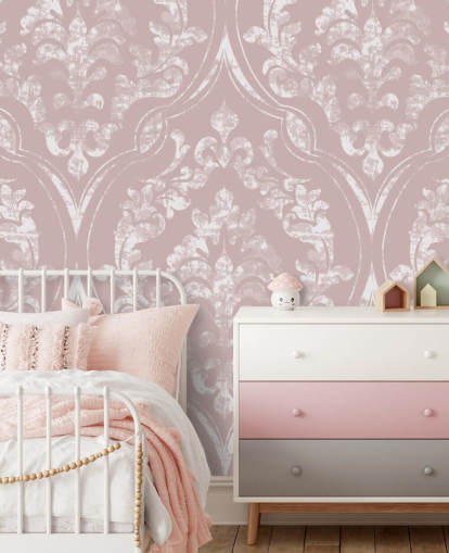 papier peint damassé vieux rose et blanc