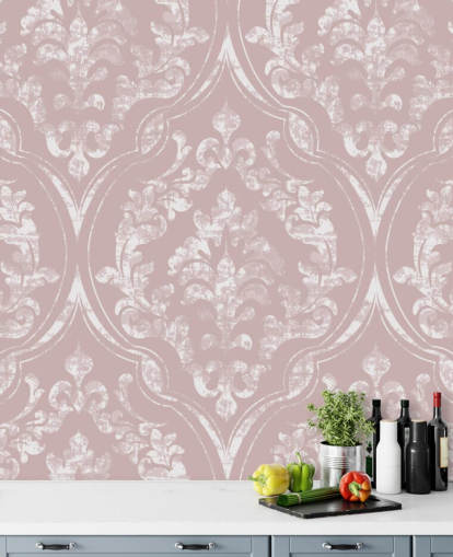 papier peint damassé vieux rose et blanc