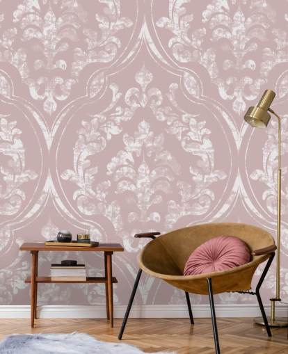 papel pintado damasco rosa polvoriento y blanco