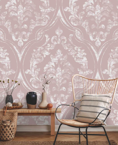 papel pintado damasco rosa polvoriento y blanco