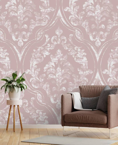 papier peint damassé vieux rose et blanc
