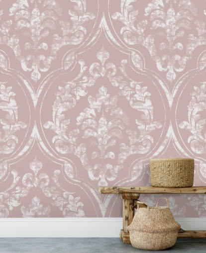 papel de parede damasco rosa e branco empoeirado