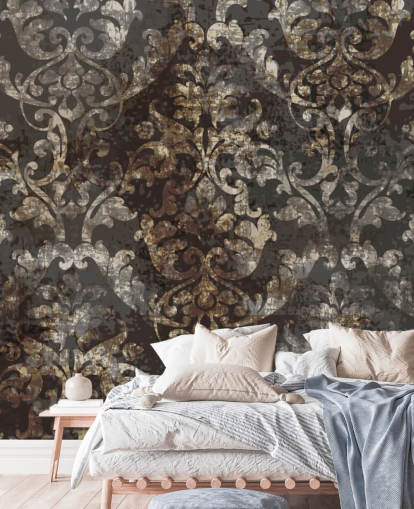 mørkt vintage tapet veggmaleri kalt Distressed Dark Damask for soverom, stuer og ganger mørkt vintage tapet veggmaleri kalt Distressed Dark Damask for soverom, stuer og ganger