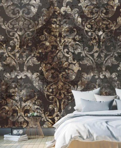 dunkles Vintage-Tapeten-Wandbild namens Distressed Dark Damask für Schlafzimmer, Wohnzimmer und Flure