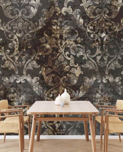 donkere vintage behangmuurschildering genaamd Distressed Dark Damask voor slaapkamers, woonkamers en gangen