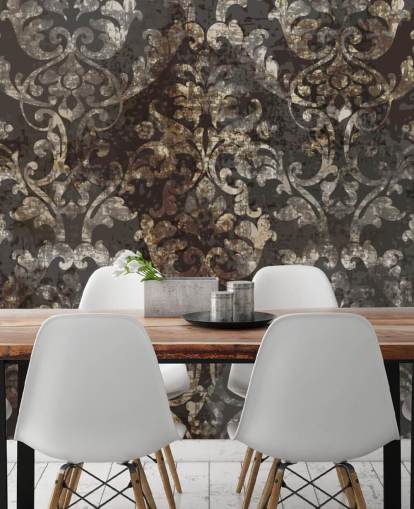 mural de papel de parede vintage escuro chamado Distressed Dark Damask para quartos, salas de estar e corredores